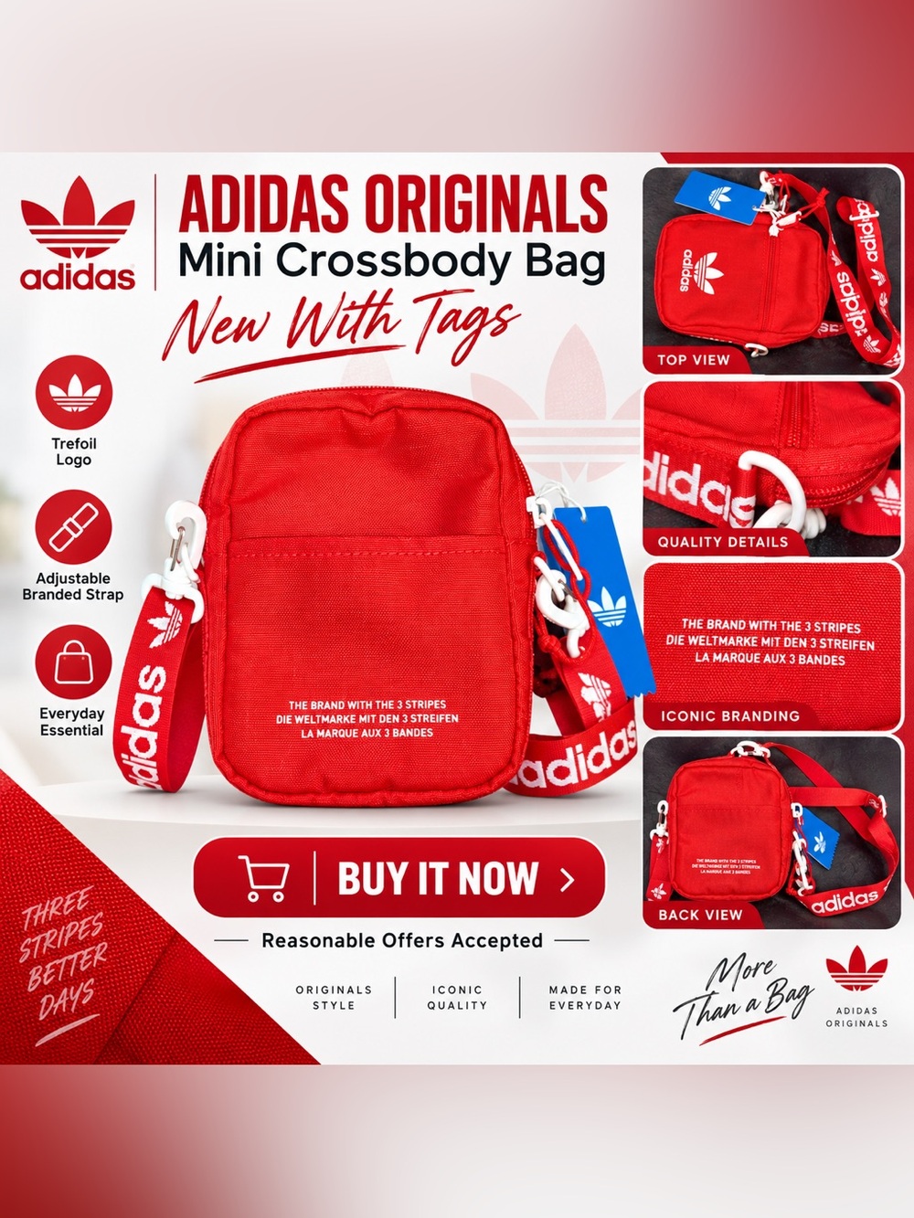 Adidas Originals Red Trefoil Festival Crossbody Bag Unisex